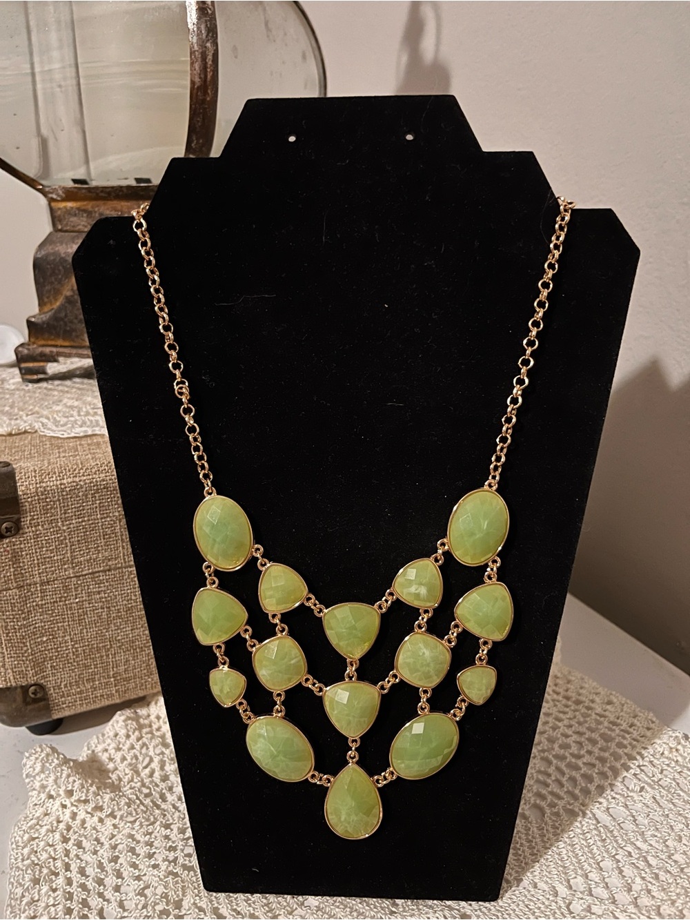 Gold-Tone Necklace with Light Green Faceted Stones